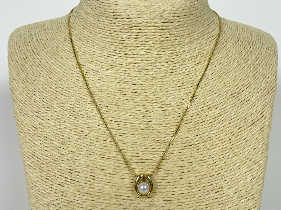 14K Gold Pearl Pendant With 14K Gold 16' Chain Necklace 5.2g [Photo 2]