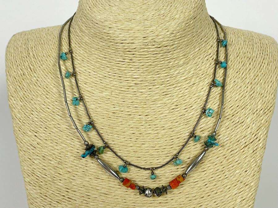 Pair Of Sterling Silver Turquoise And Coral Necklaces [Photo 2]