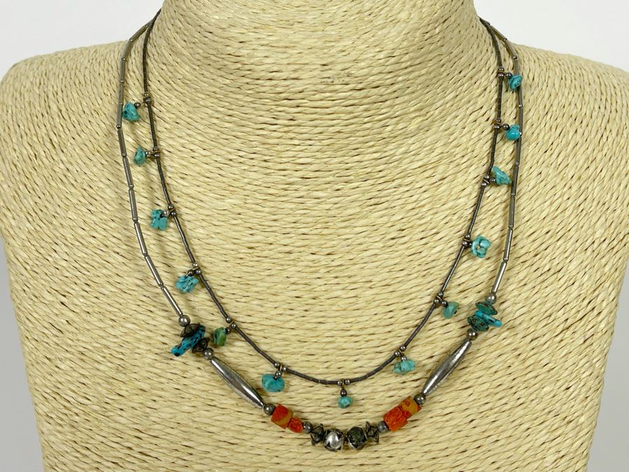 Pair Of Sterling Silver Turquoise And Coral Necklaces [Photo 1]