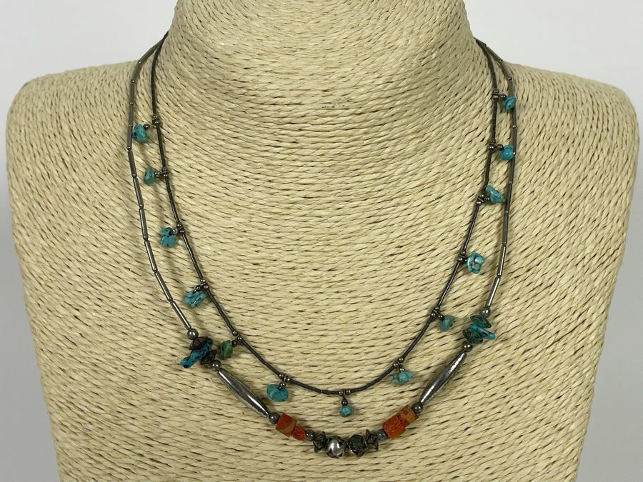 Pair Of Sterling Silver Turquoise And Coral Necklaces [Photo 3]