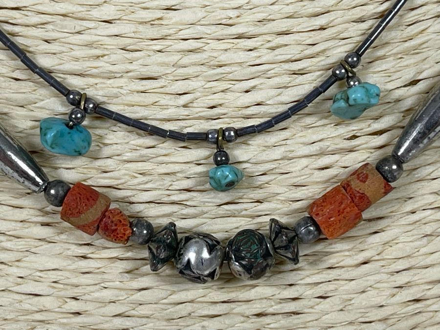 Pair Of Sterling Silver Turquoise And Coral Necklaces [Photo 4]