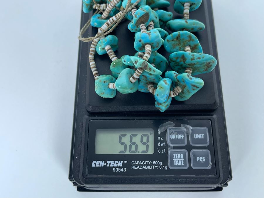 Vintage 32' Turquoise And Shell Heishi Necklace 56.9g [Photo 9]
