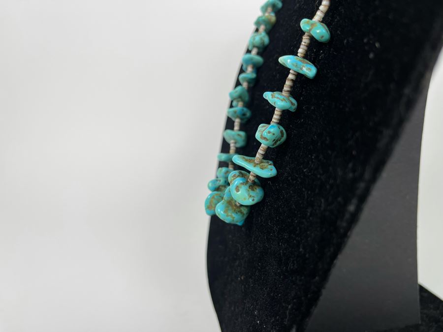 Vintage 32' Turquoise And Shell Heishi Necklace 56.9g [Photo 6]