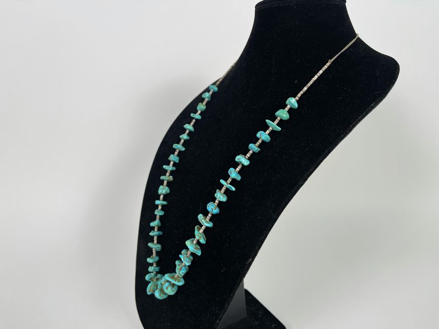 Vintage 32' Turquoise And Shell Heishi Necklace 56.9g [Photo 4]