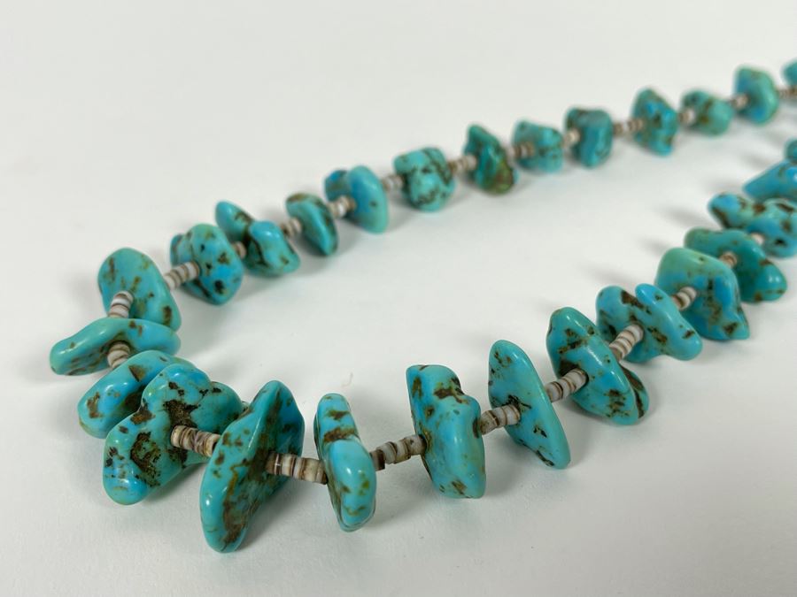 Vintage 32' Turquoise And Shell Heishi Necklace 56.9g [Photo 7]