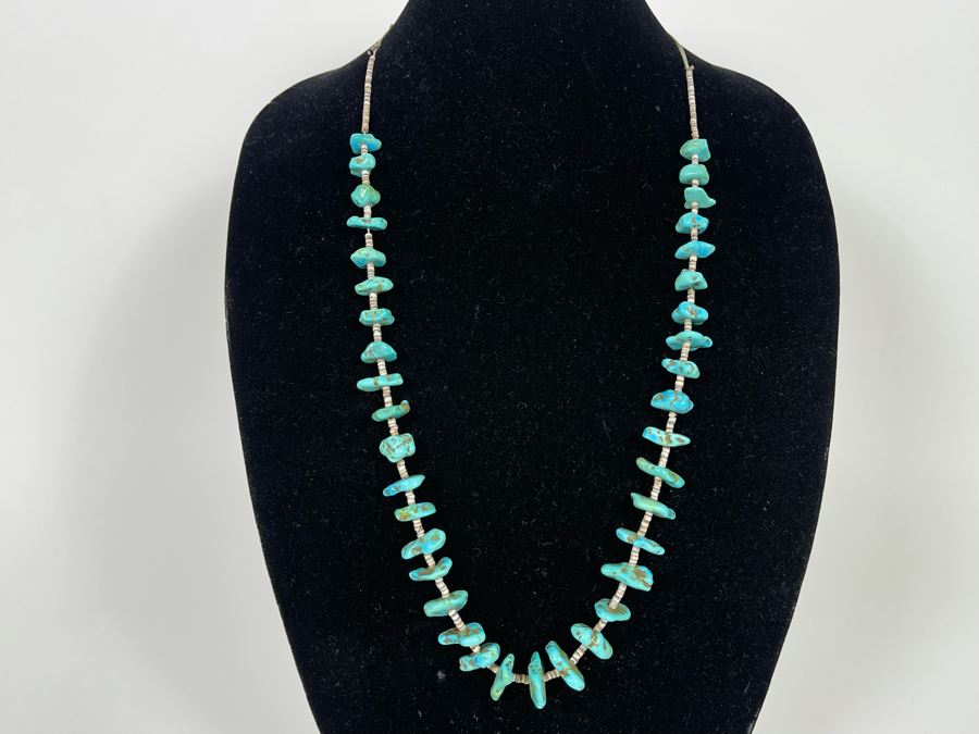 Vintage 32' Turquoise And Shell Heishi Necklace 56.9g [Photo 1]