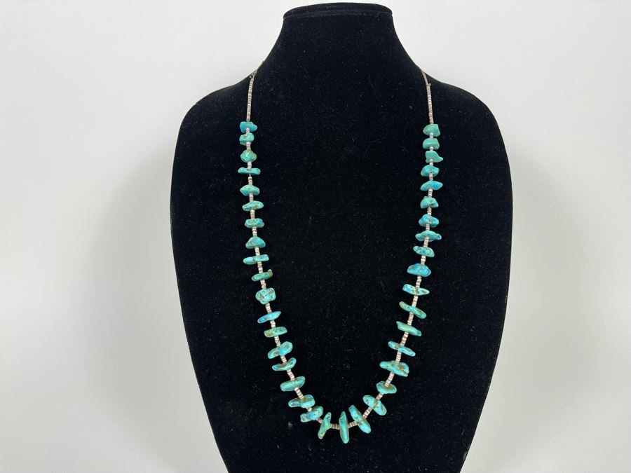 Vintage 32' Turquoise And Shell Heishi Necklace 56.9g [Photo 3]