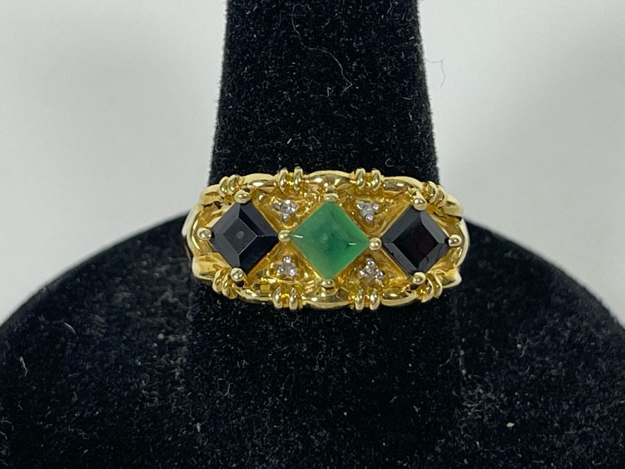 10K Gold Emerald Sapphire Diamond Ring Size 8 3.2g [Photo 2]