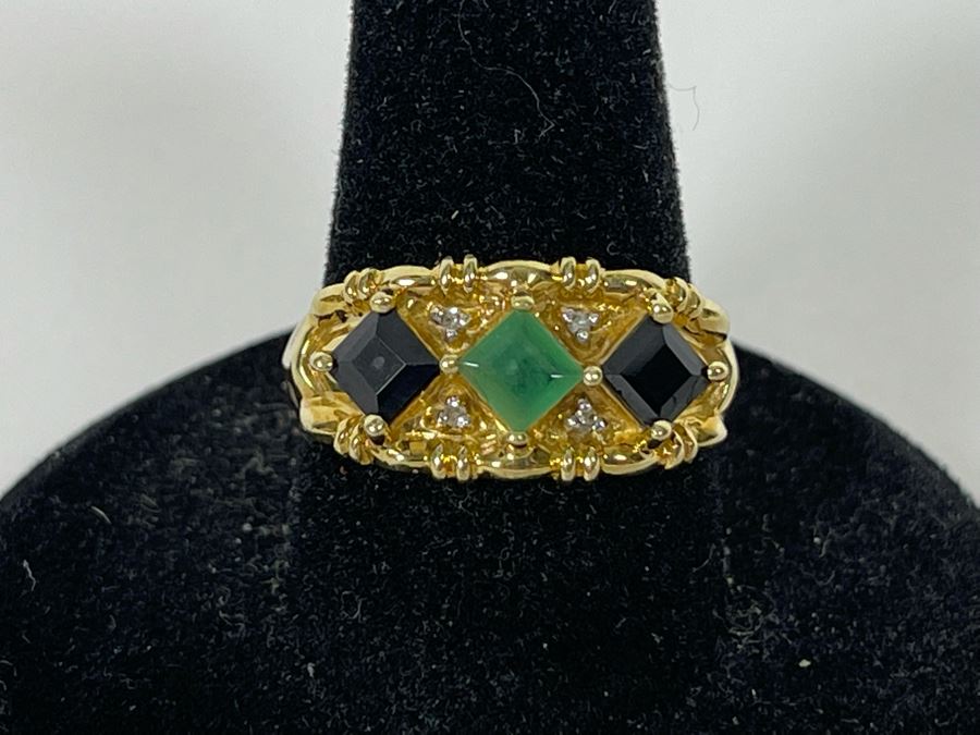 10K Gold Emerald Sapphire Diamond Ring Size 8 3.2g [Photo 5]