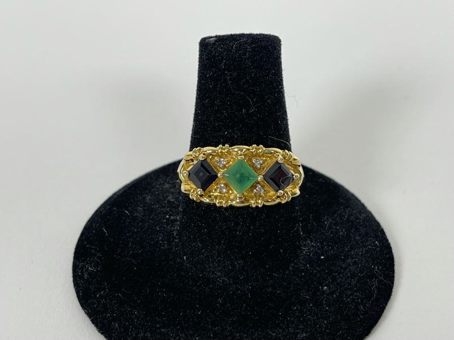 10K Gold Emerald Sapphire Diamond Ring Size 8 3.2g