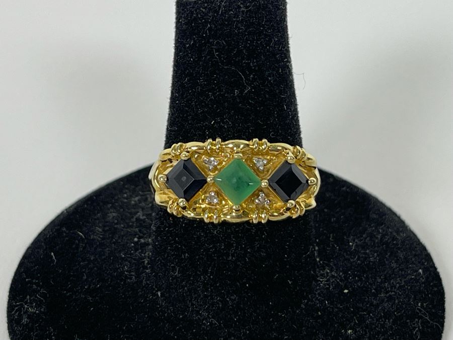 10K Gold Emerald Sapphire Diamond Ring Size 8 3.2g [Photo 3]