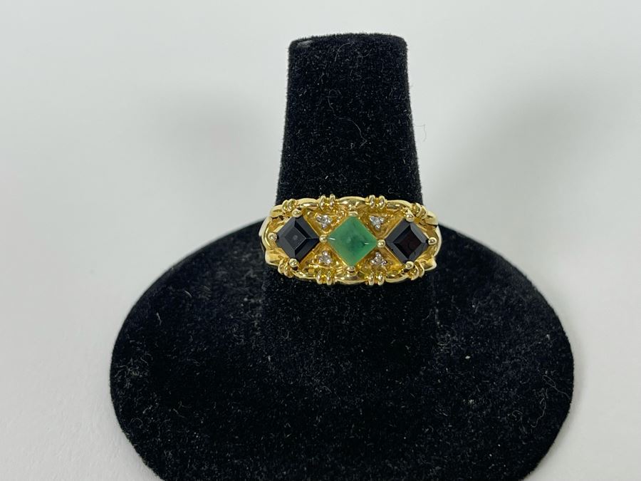10K Gold Emerald Sapphire Diamond Ring Size 8 3.2g [Photo 11]