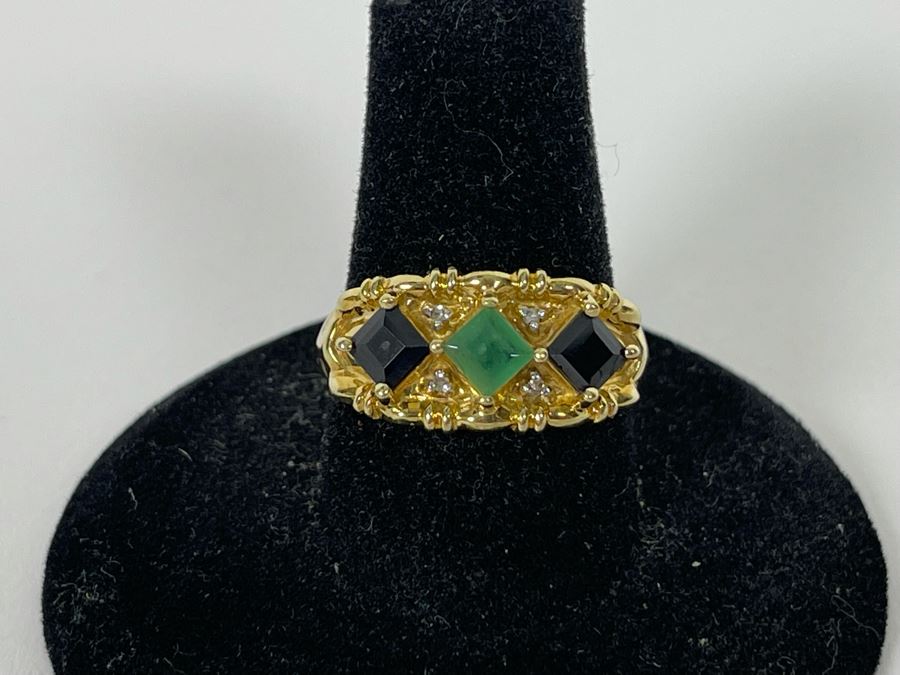 10K Gold Emerald Sapphire Diamond Ring Size 8 3.2g [Photo 4]