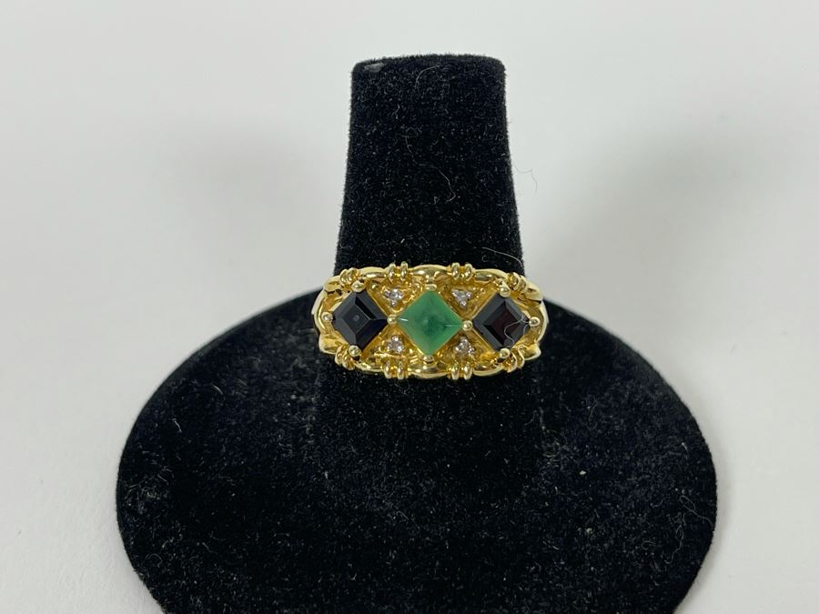 10K Gold Emerald Sapphire Diamond Ring Size 8 3.2g [Photo 8]