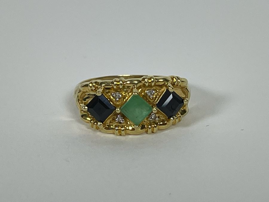 10K Gold Emerald Sapphire Diamond Ring Size 8 3.2g [Photo 14]