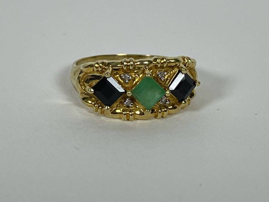 10K Gold Emerald Sapphire Diamond Ring Size 8 3.2g [Photo 13]