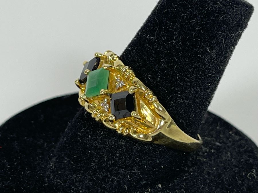 10K Gold Emerald Sapphire Diamond Ring Size 8 3.2g [Photo 7]