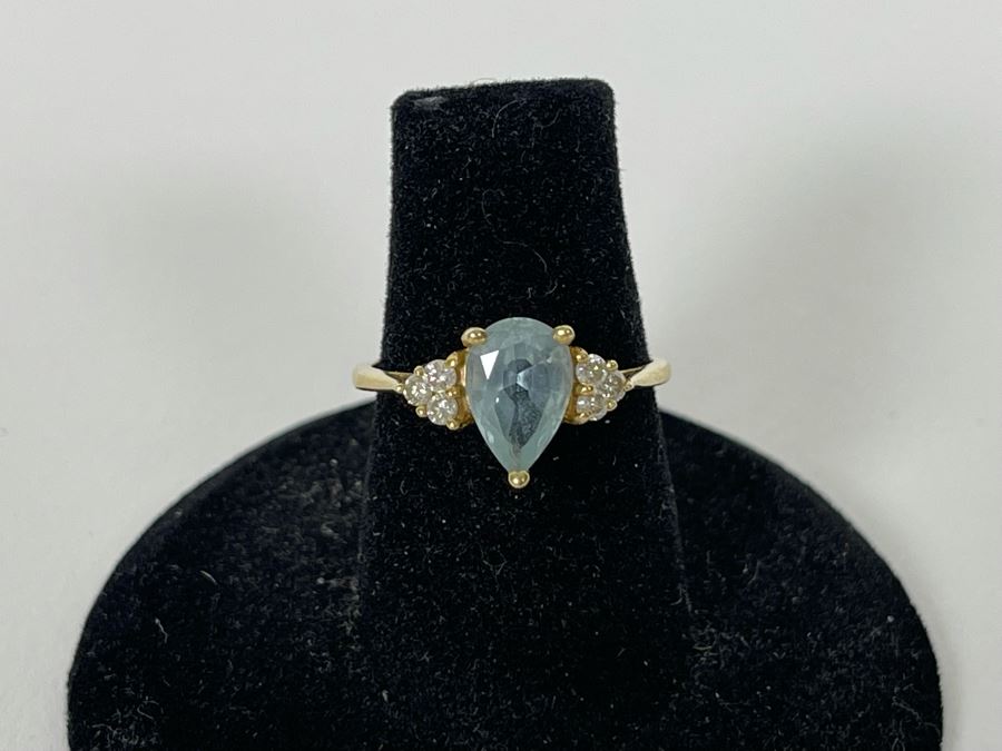 14K Gold Aquamarine Diamond Ring Size 6.25 2.2g [Photo 2]