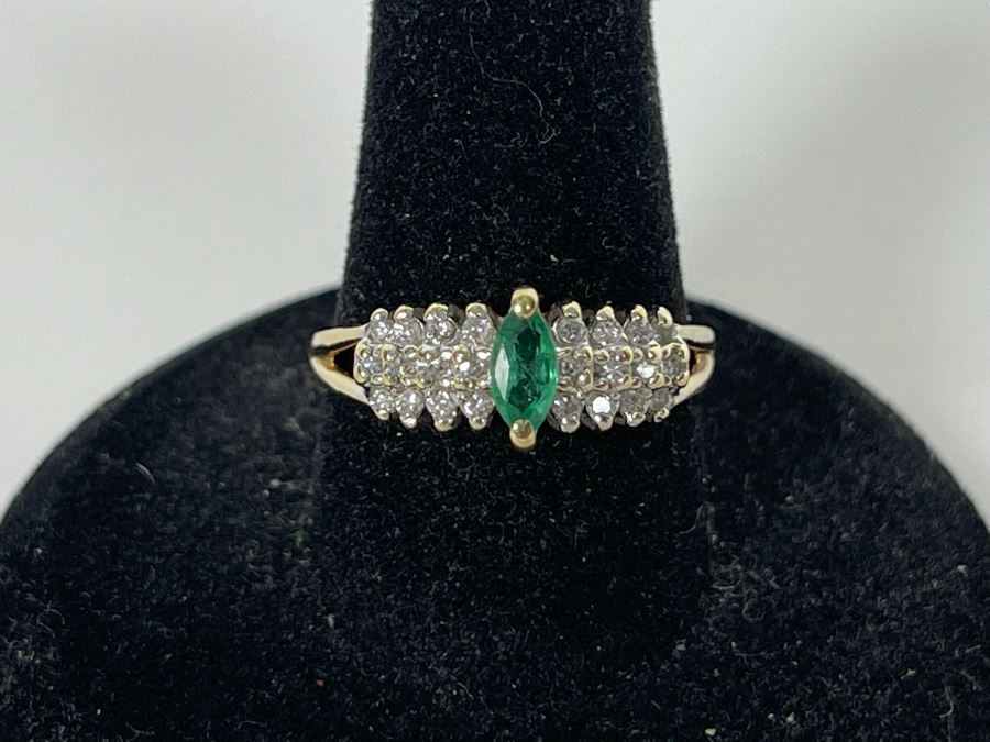 14K Gold Emerald Diamond Ring Size 8 3.3g [Photo 2]