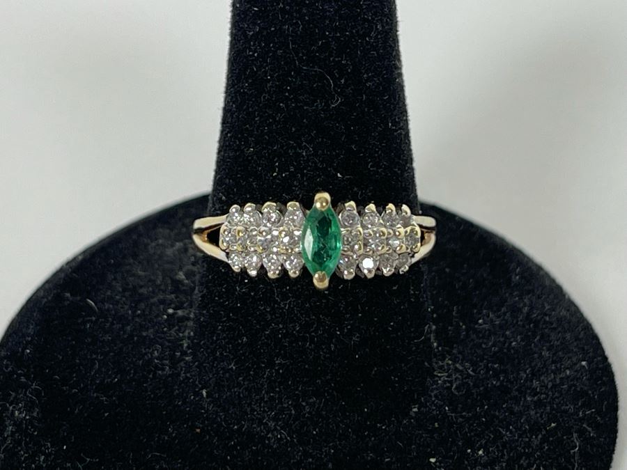 14K Gold Emerald Diamond Ring Size 8 3.3g [Photo 3]