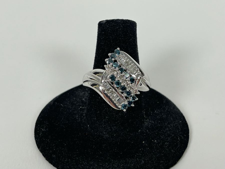 14K Gold Blue Diamond And White Diamond Ring Size 7.75 7.4g Estimate $1,000-$1,500 [Photo 14]