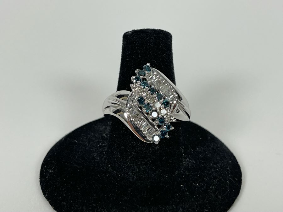14K Gold Blue Diamond And White Diamond Ring Size 7.75 7.4g Estimate $1,000-$1,500 [Photo 11]
