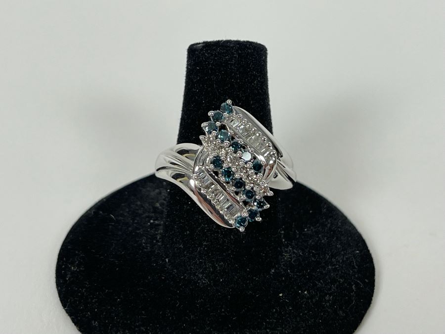 14K Gold Blue Diamond And White Diamond Ring Size 7.75 7.4g Estimate $1,000-$1,500 [Photo 13]