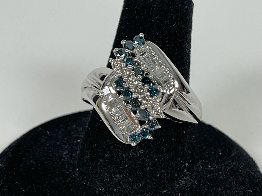 14K Gold Blue Diamond And White Diamond Ring Size 7.75 7.4g Estimate $1,000-$1,500 [Photo 8]