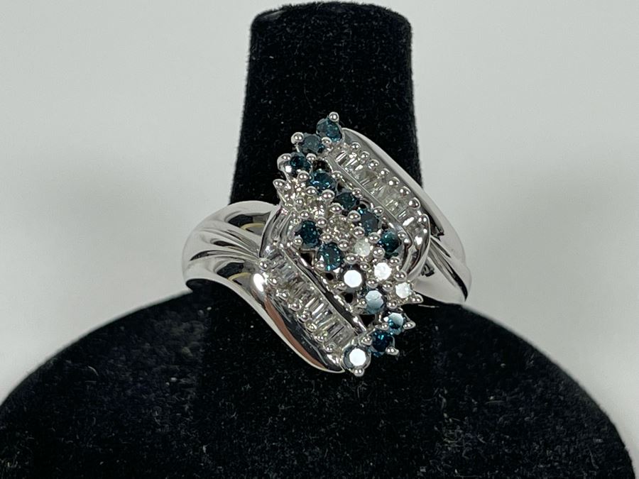 14K Gold Blue Diamond And White Diamond Ring Size 7.75 7.4g Estimate $1,000-$1,500 [Photo 3]