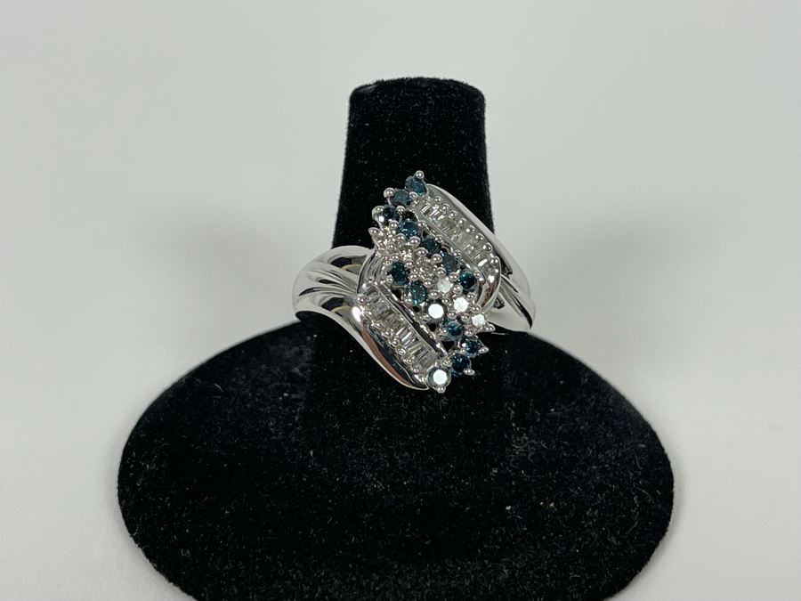 14K Gold Blue Diamond And White Diamond Ring Size 7.75 7.4g Estimate $1,000-$1,500 [Photo 12]