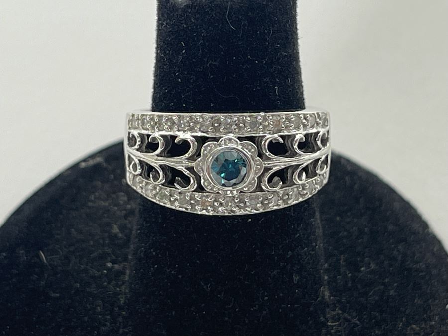 14K Gold Blue Diamond And White Diamond Ring Size 6 5.5g [Photo 16]