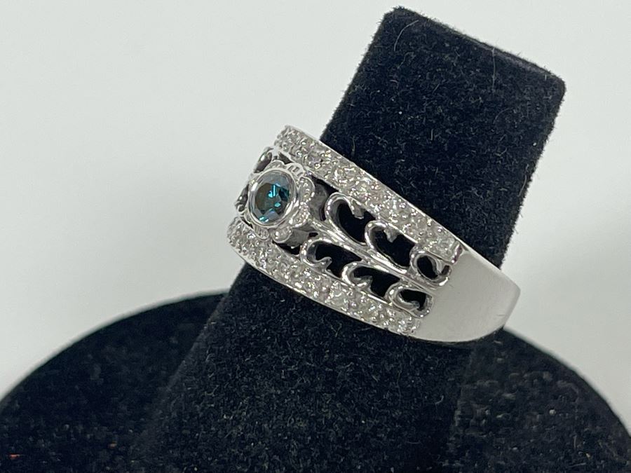 14K Gold Blue Diamond And White Diamond Ring Size 6 5.5g [Photo 7]
