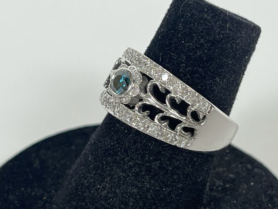 14K Gold Blue Diamond And White Diamond Ring Size 6 5.5g [Photo 6]