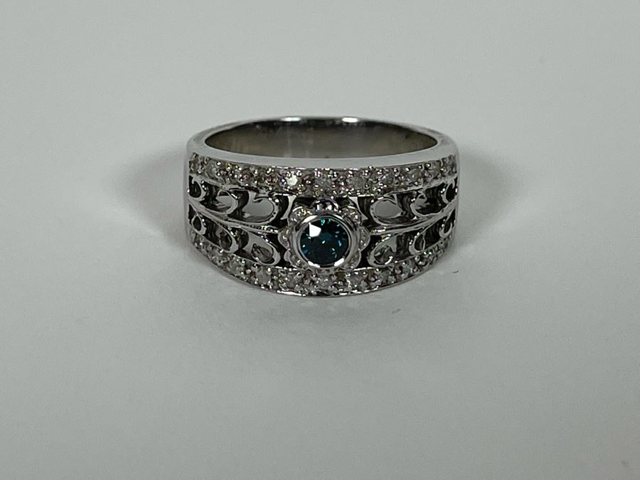 14K Gold Blue Diamond And White Diamond Ring Size 6 5.5g [Photo 11]