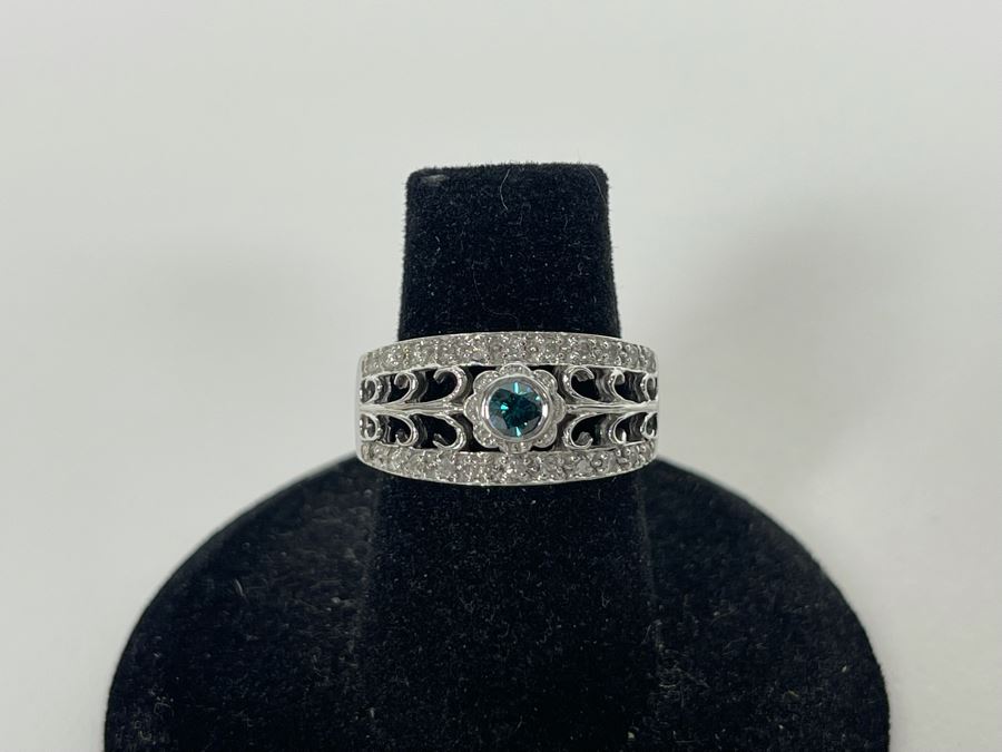 14K Gold Blue Diamond And White Diamond Ring Size 6 5.5g [Photo 9]