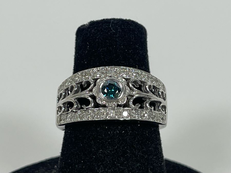 14K Gold Blue Diamond And White Diamond Ring Size 6 5.5g [Photo 14]