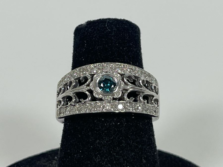 14K Gold Blue Diamond And White Diamond Ring Size 6 5.5g [Photo 15]