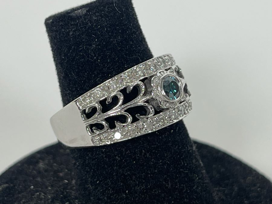 14K Gold Blue Diamond And White Diamond Ring Size 6 5.5g [Photo 4]