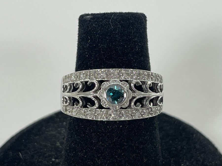 14K Gold Blue Diamond And White Diamond Ring Size 6 5.5g [Photo 2]