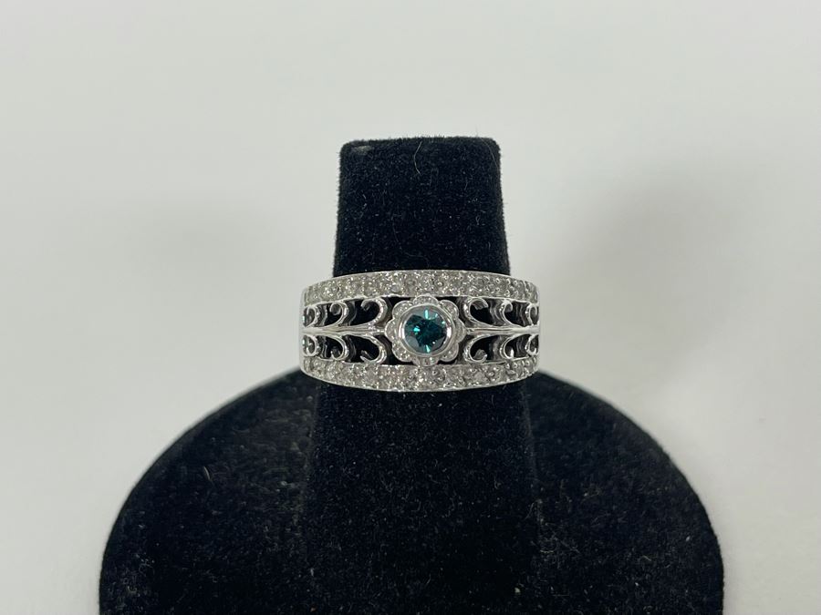 14K Gold Blue Diamond And White Diamond Ring Size 6 5.5g [Photo 8]