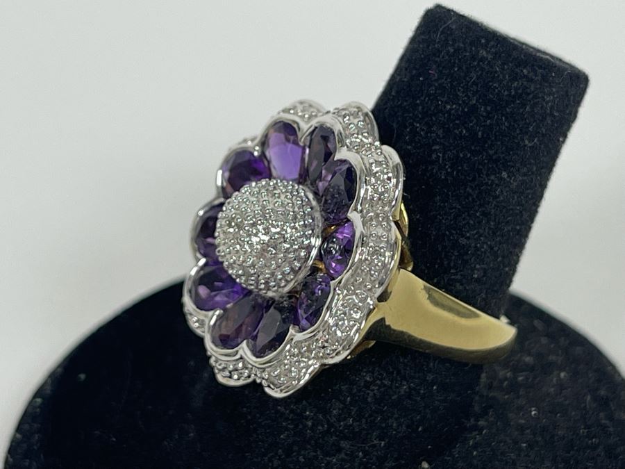 14K Gold Amethyst Diamond Ring Size 7.5 7.7g Estimate $600-$900 [Photo 8]