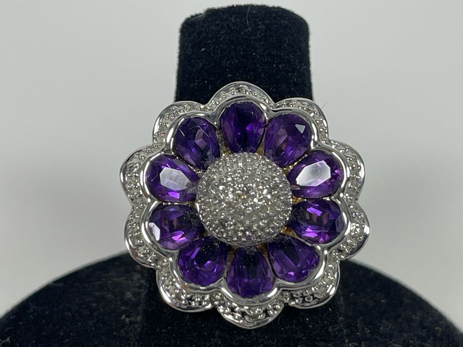 14K Gold Amethyst Diamond Ring Size 7.5 7.7g Estimate $600-$900 [Photo 4]