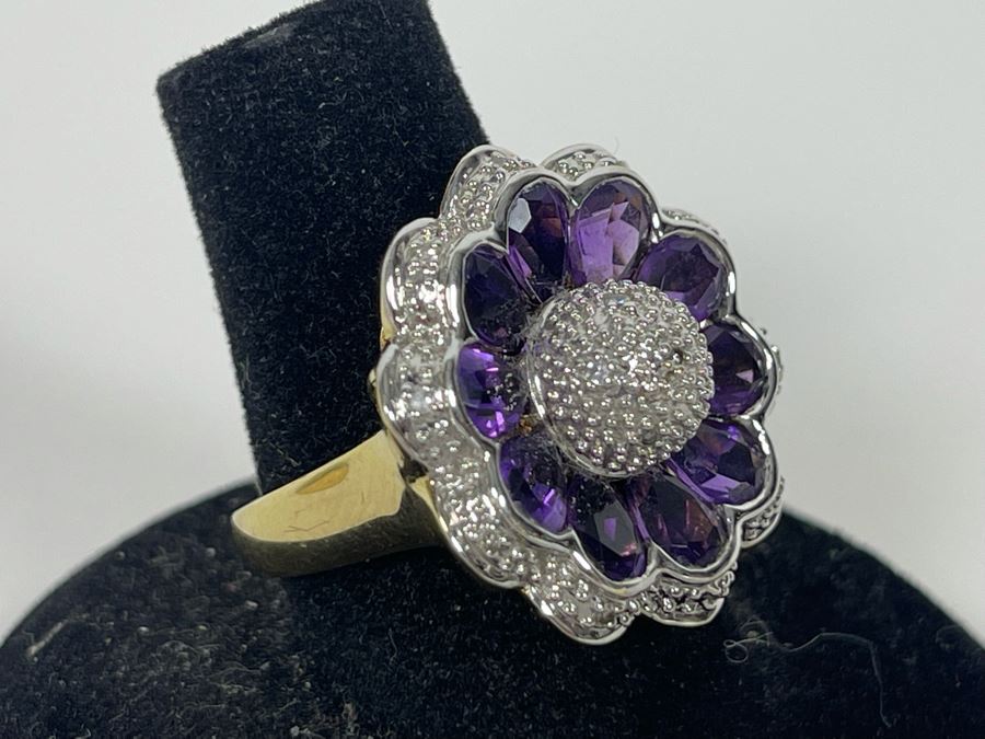 14K Gold Amethyst Diamond Ring Size 7.5 7.7g Estimate $600-$900 [Photo 7]