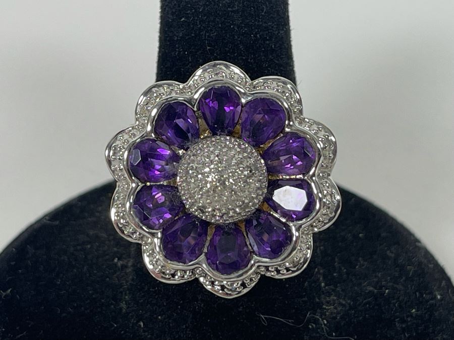 14K Gold Amethyst Diamond Ring Size 7.5 7.7g Estimate $600-$900 [Photo 2]