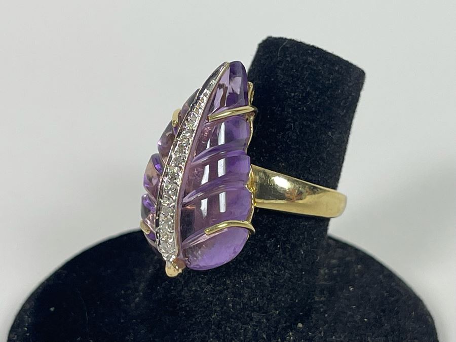 14K Gold Amethyst Diamond Ring Size 7.5 7.7g Estimate $600-$900 [Photo 2]