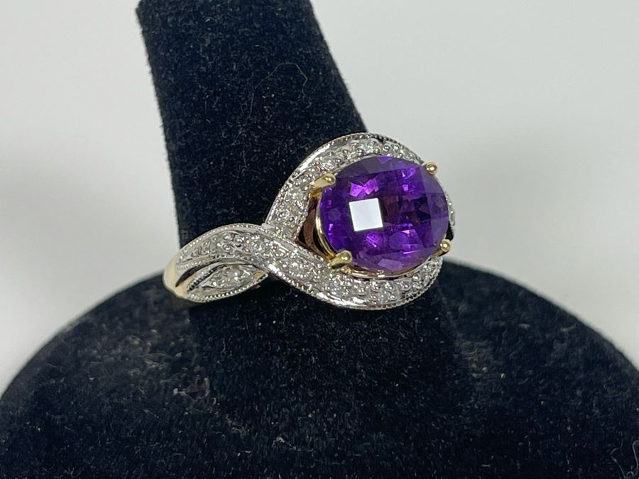 14K Gold Amethyst Diamond Ring Size 8.25 5.8g [Photo 15]
