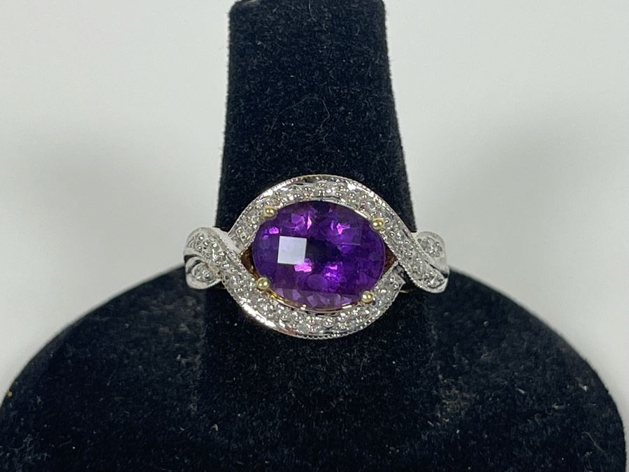 14K Gold Amethyst Diamond Ring Size 8.25 5.8g [Photo 7]