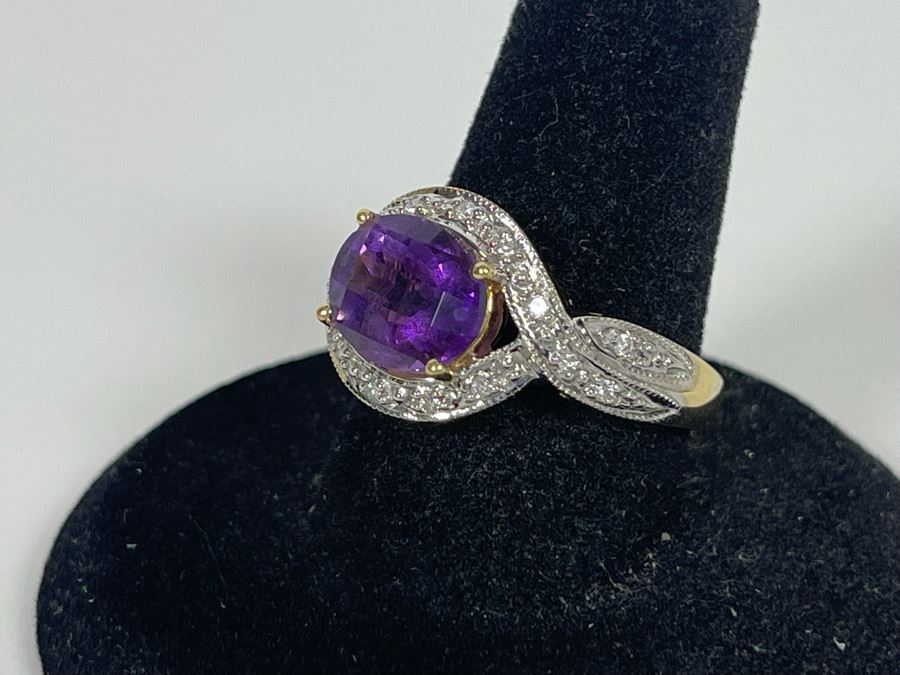 14K Gold Amethyst Diamond Ring Size 8.25 5.8g [Photo 13]