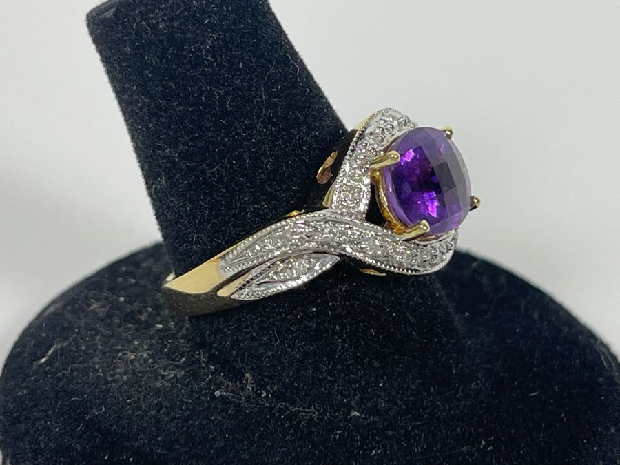 14K Gold Amethyst Diamond Ring Size 8.25 5.8g [Photo 8]