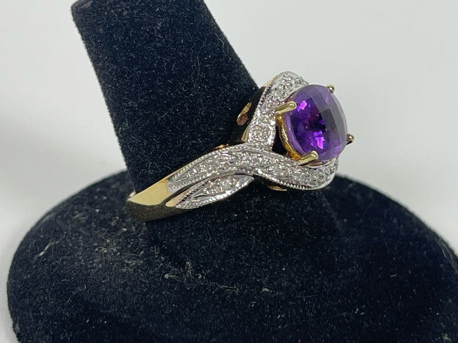 14K Gold Amethyst Diamond Ring Size 8.25 5.8g [Photo 9]